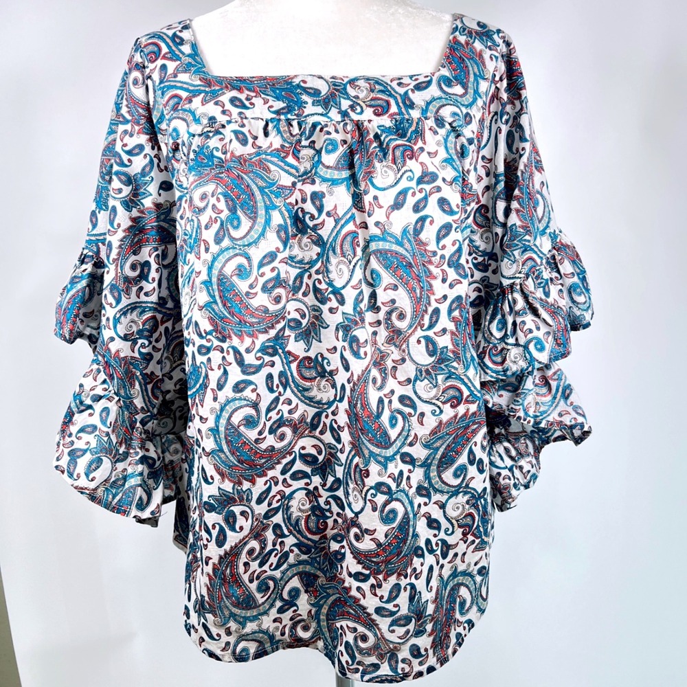 Terra & Sky Y2K Womens 1X Paisley Square Neck Tiered Ruffle Sleeve Cotton Blouse